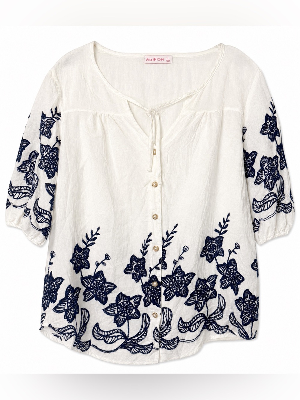 Ana & Rose White Embroidered Floral Button-Front Boho Top- XL